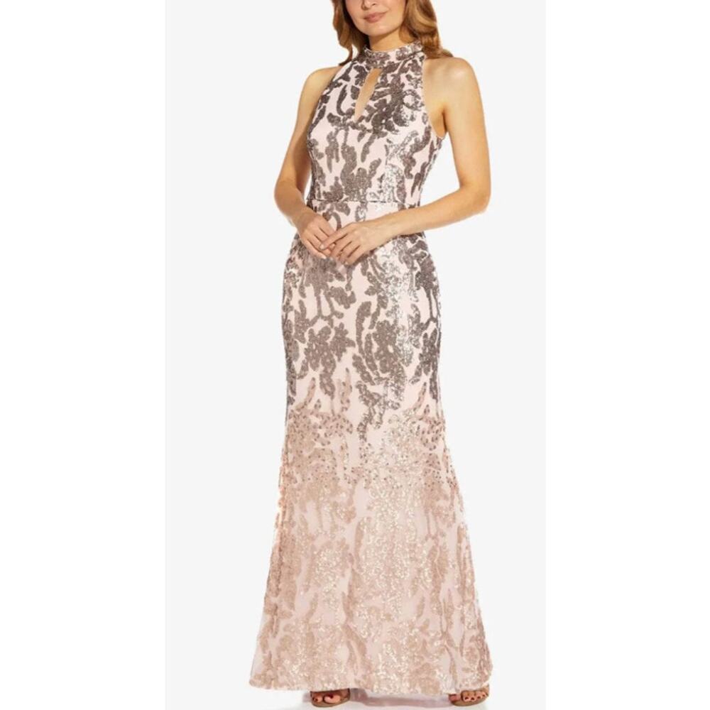 Adrianna Papell Ombre Sequin Halter Evening Gown Womens 12 Formal‎ Maxi Dress